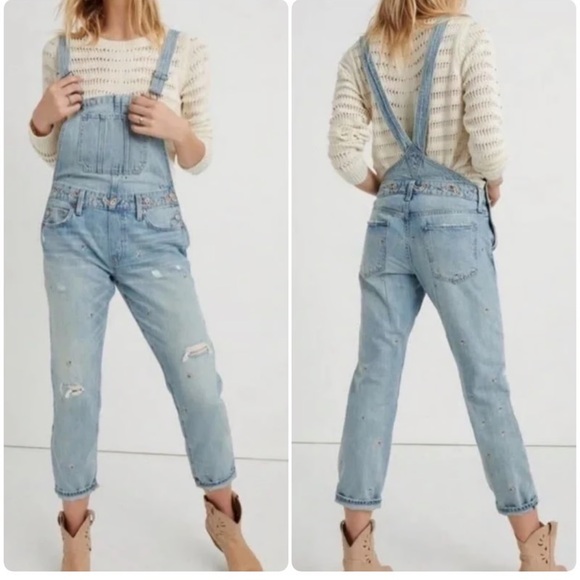 Lucky Brand Floral Embroidered Paula Boyfriend Overalls XS - Picture 2 of 7